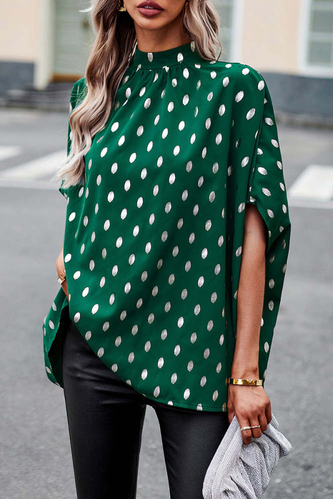 British Style Elegant Polka Dot Bandage Mandarin Collar Tops