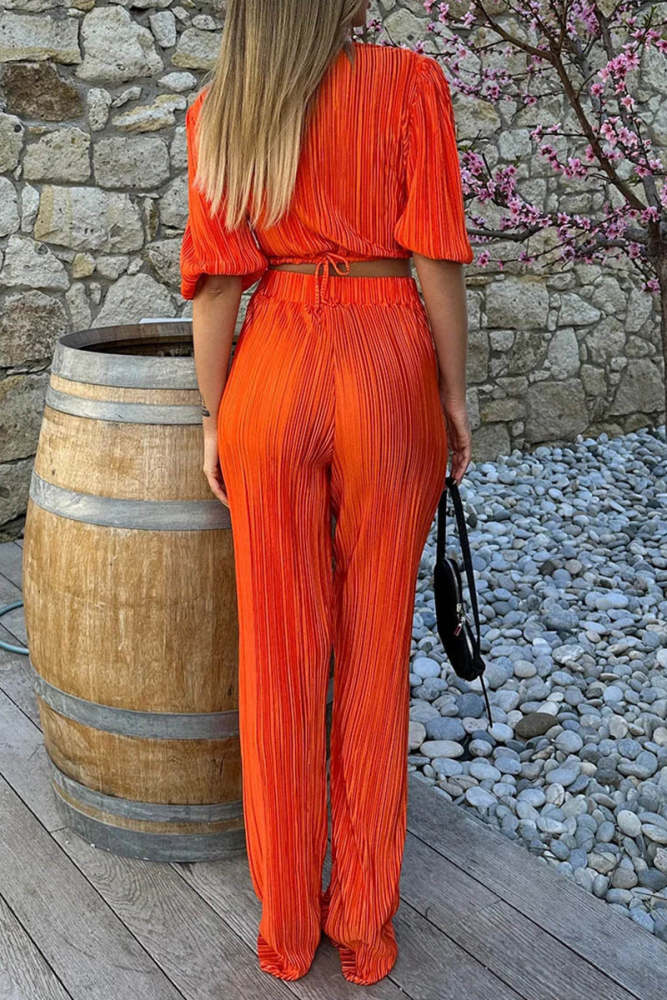 Casual Simplicity Solid Fold V Neck Half Sleeve Two Pieces