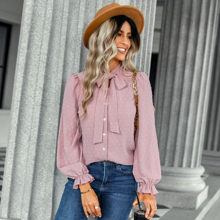 Women's New Solid Color Bow Long-sleeved Blouse