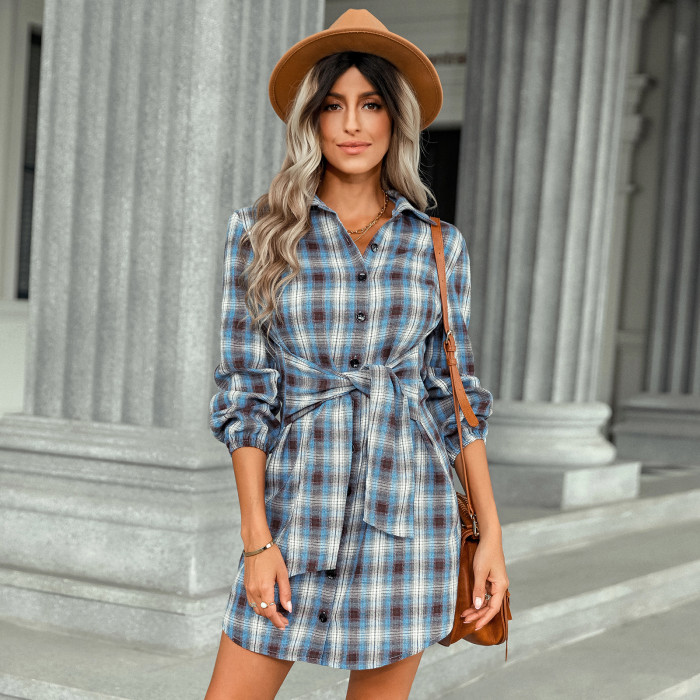 New Women's Fashion Plaid Lace-up Waist Casual Dress