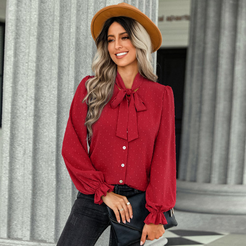 Women's New Solid Color Bow Long-sleeved Blouse