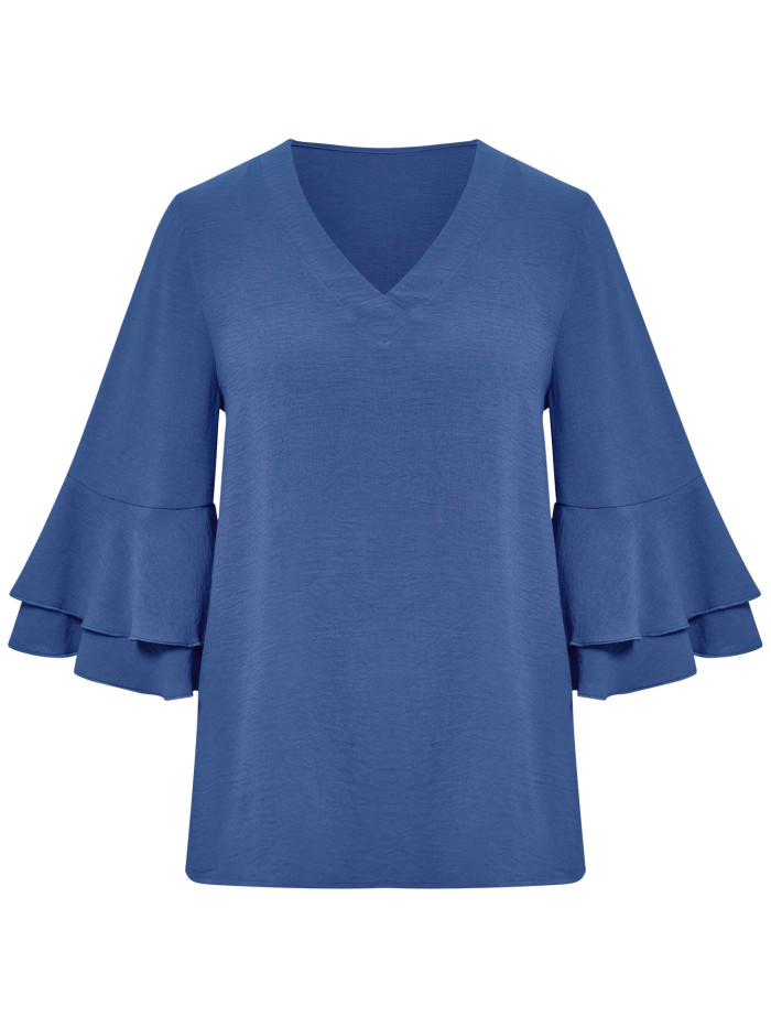 Fashion Women's New Solid Color Loose V-neck Ruffled Sleeve T-Shirt