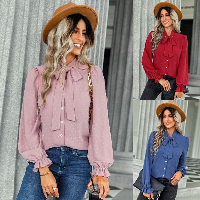 Women's New Solid Color Bow Long-sleeved Blouse
