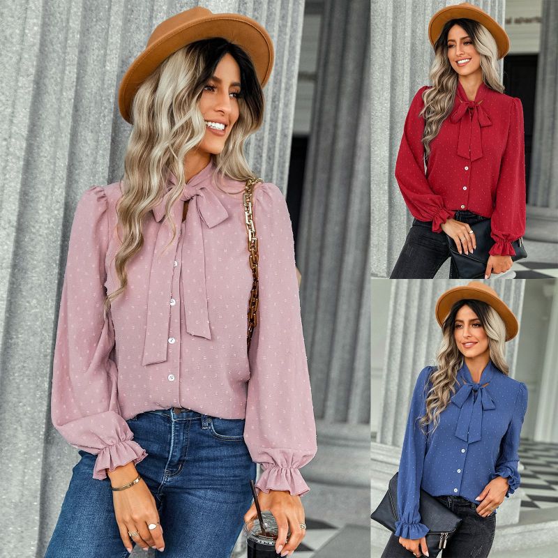 Women's New Solid Color Bow Long-sleeved Blouse