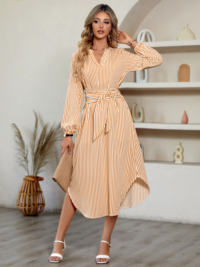 New Women's Casual V-neck Striped Midi Dress
