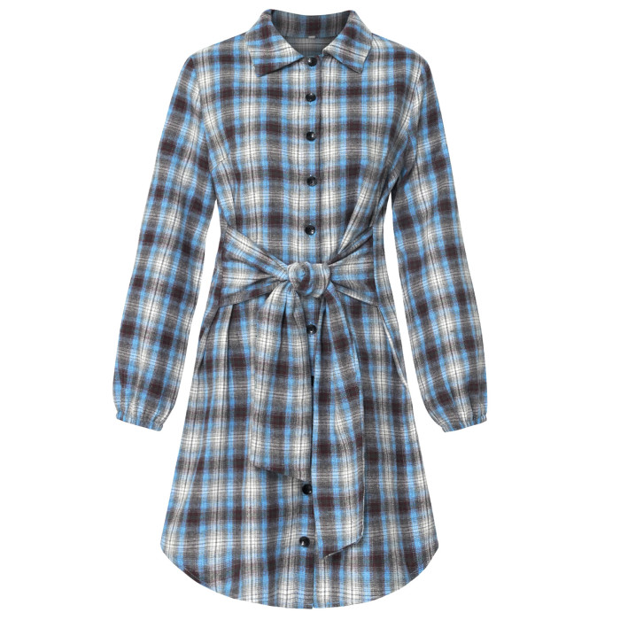 New Women's Fashion Plaid Lace-up Waist Casual Dress