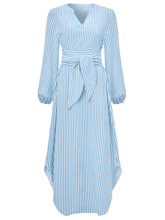 New Women's Casual V-neck Striped Midi Dress