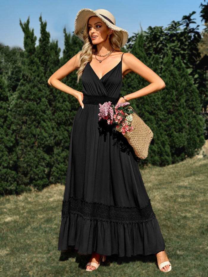 New Women's Casual Solid Color V-neck Slip Maxi Dress