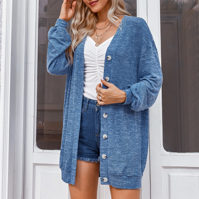 New Loose Solid Color Long-sleeved Knitted Cardigan