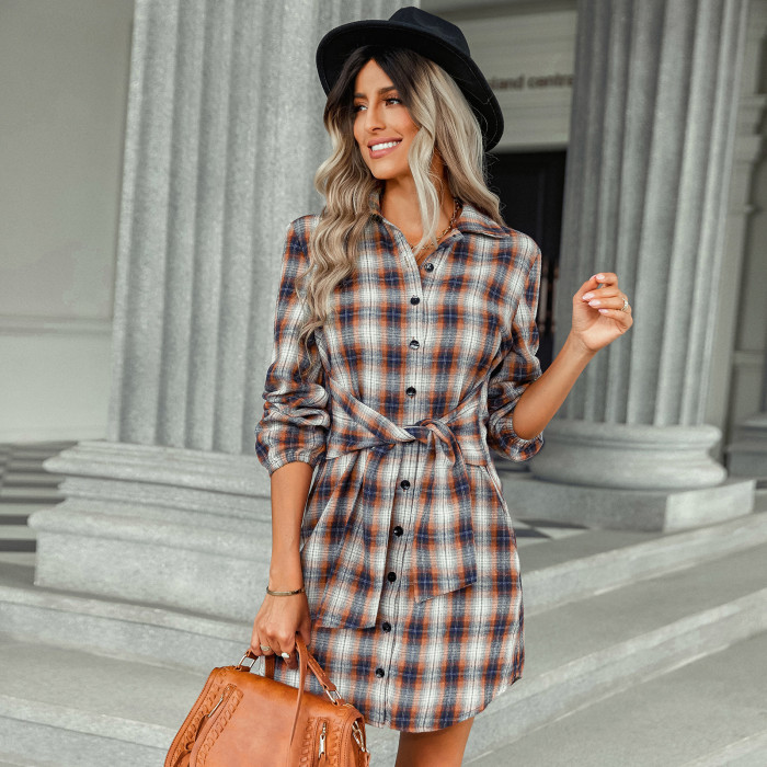 New Women's Fashion Plaid Lace-up Waist Casual Dress