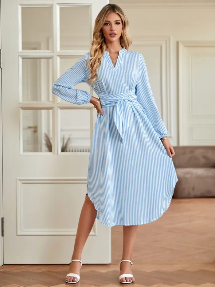 New Women's Casual V-neck Striped Midi Dress