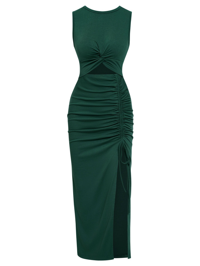 New Women's Casual Solid Color Crewneck Split Maxi Dress