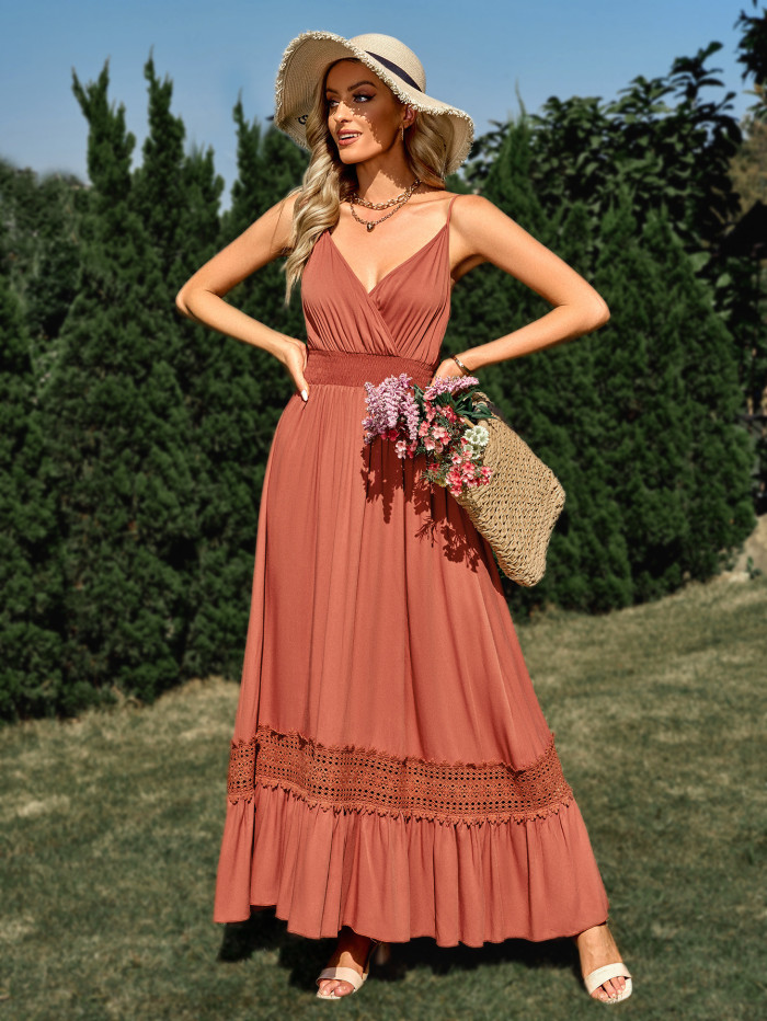 New Women's Casual Solid Color V-neck Slip Maxi Dress