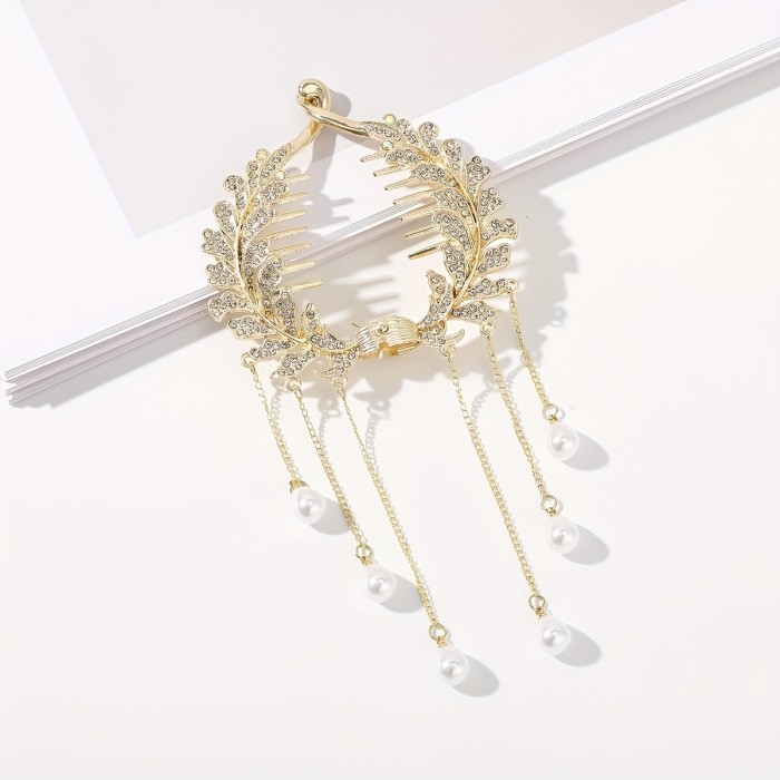 1pc Sparkling Rhinestone and Pearl Tassel Ponytail Hair Clips - Elegant Bun Cover and Twist Holder for Hair Accessories