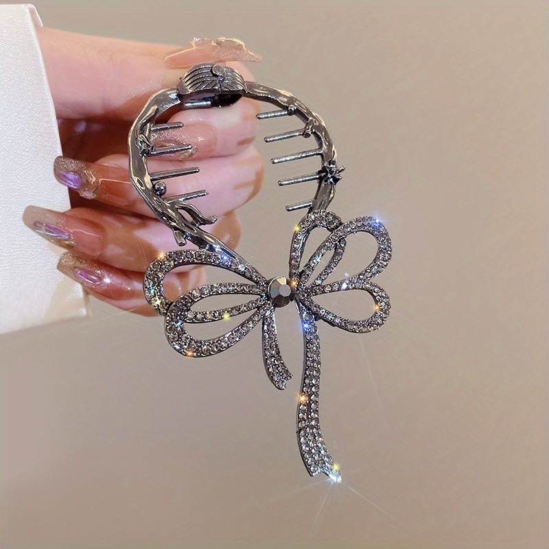 Bowknot Shape Rhinestone Hair Claw Head Jewelry Shark Claw Ponytail Holder Hair Accessories For Women