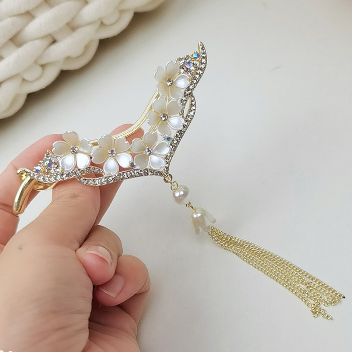 V-shaped Flower Hair Clip With Faux Pearl Tassel Rhinestone Back Head Clip For Thick Hair Daily Headwear Party Accessories