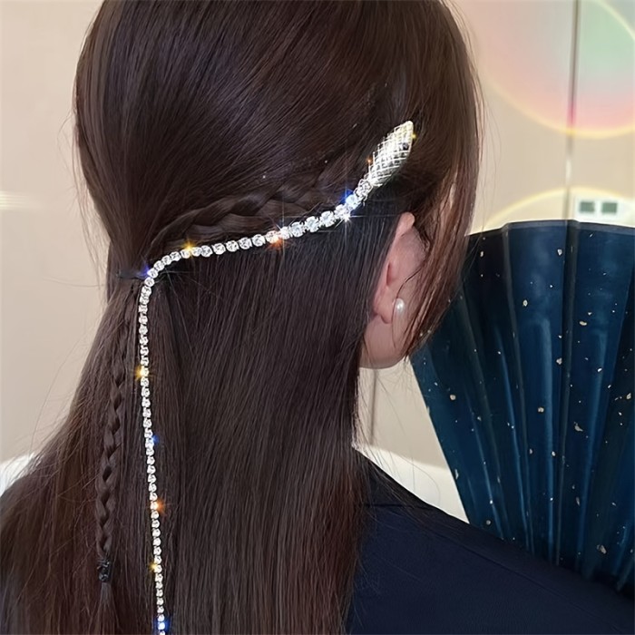 Sparkle Rhinestone Hair Chains Shiny Punk Snake Shape Tassel Hair Clips Long Decorative Ponytails Accessories Hairpins For Women Girls Hair Headwear