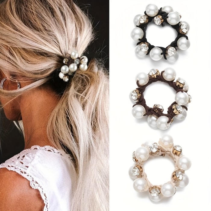 Faux Pearl Hair Ties Rhinestone Elastic Hair Scrunchies Elegant Hair Accessories For Women Girls