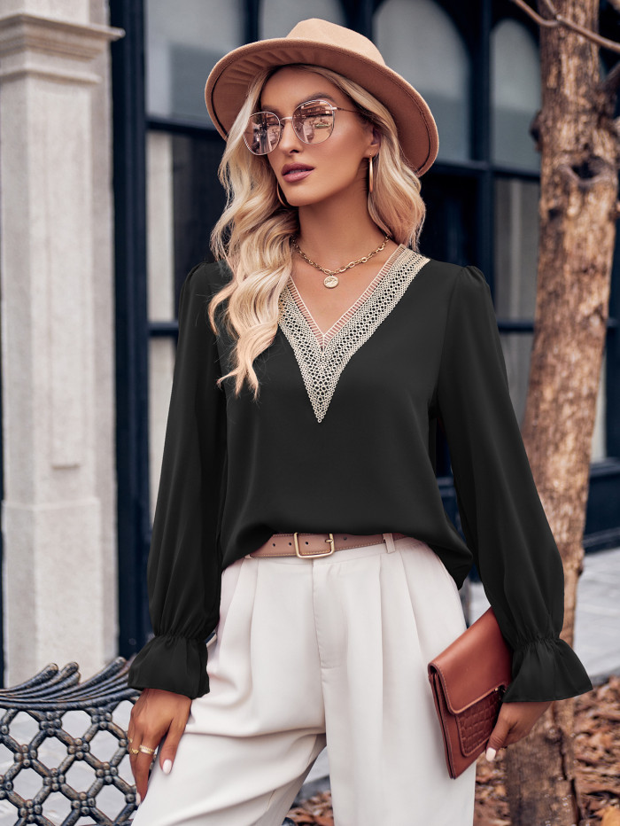 New Women's Casual Solid Color V-neck Long-sleeved Loose Blouse