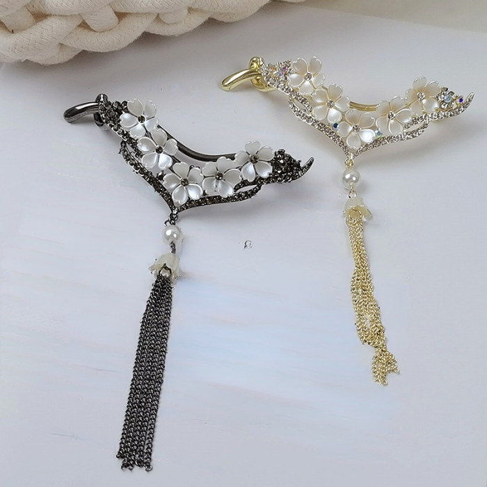 V-shaped Flower Hair Clip With Faux Pearl Tassel Rhinestone Back Head Clip For Thick Hair Daily Headwear Party Accessories