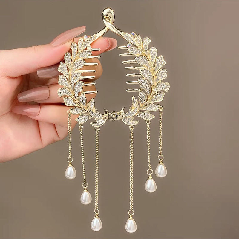1pc Sparkling Rhinestone and Pearl Tassel Ponytail Hair Clips - Elegant Bun Cover and Twist Holder for Hair Accessories