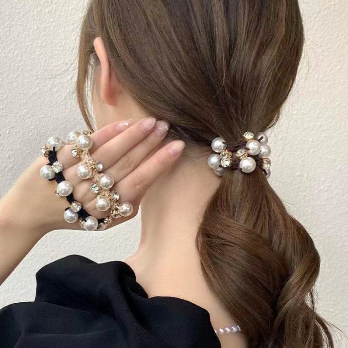 Faux Pearl Hair Ties Rhinestone Elastic Hair Scrunchies Elegant Hair Accessories For Women Girls
