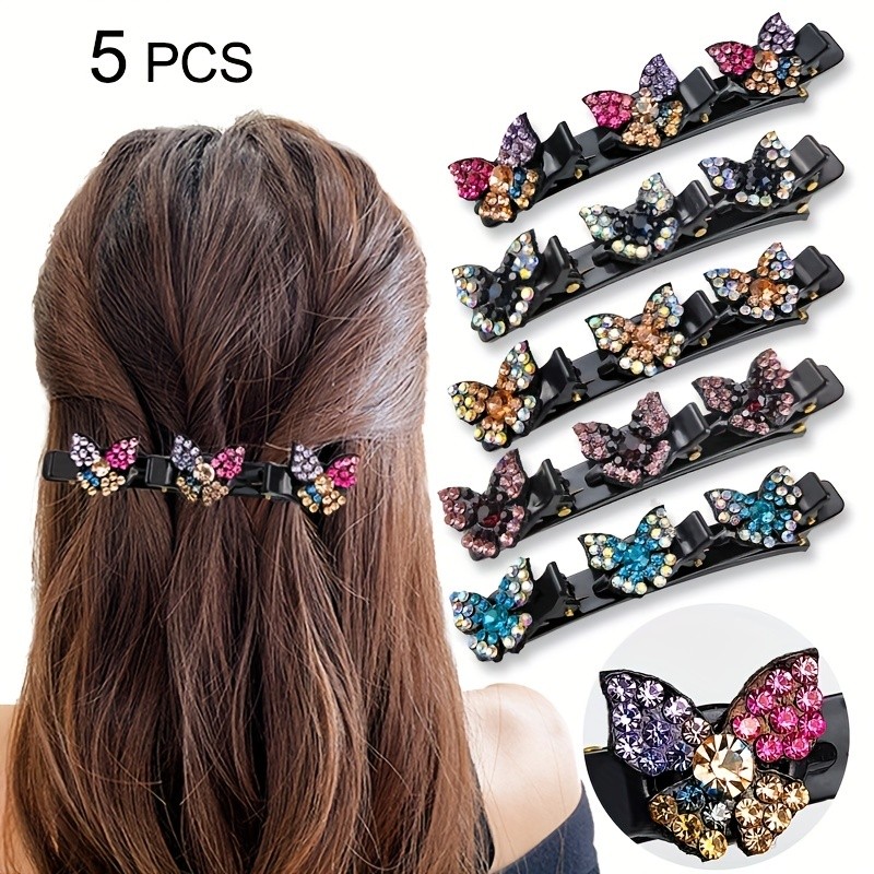 5pcs\u002Fset Women Girls Butterfly Braided Hair Clips Crystal Braided Side Clip Bangs Clip