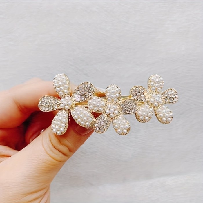Sparkly Rhinestone Metal Hair Barrettes - Flower Hair Clips for Girls with Thin Hair - Crystal Hair Accessories for Ponytail Holders and Styling