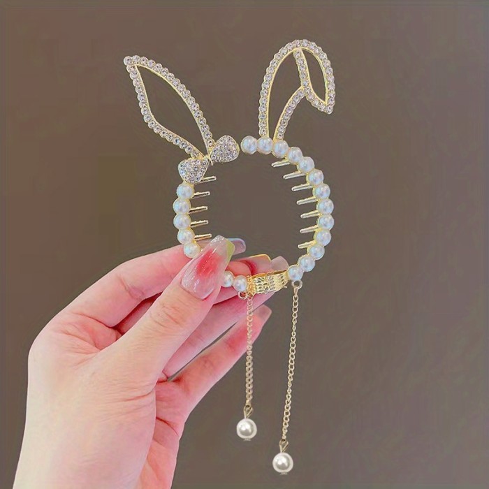 Rhinestone Faux Pearl Tassel Hair Clips, Cute Bunny Cat Wings Ponytail Clips, Princess Decorative Hair Accessories, Birthday Holiday Gifts For Baby Girls