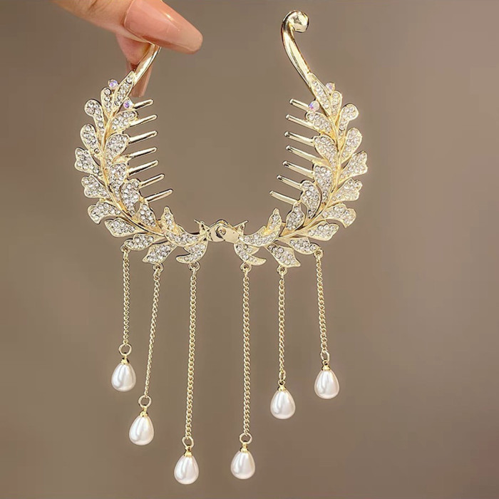 1pc Sparkling Rhinestone and Pearl Tassel Ponytail Hair Clips - Elegant Bun Cover and Twist Holder for Hair Accessories