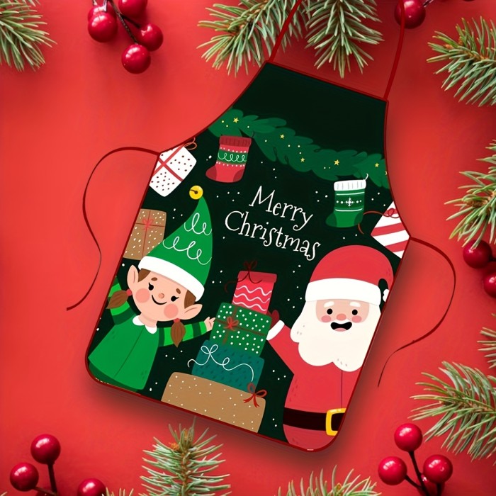 1pc, Polyester Christmas Apron, Digital Printed Linen Sleeveless Apron, Holiday Decoration Home Kitchen Stain Resistant Apron, Christmas Decoration