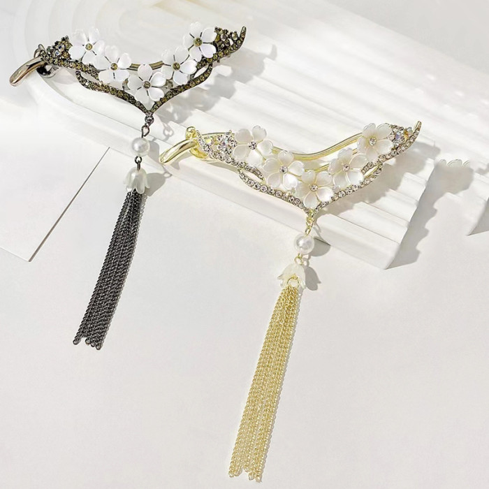 V-shaped Flower Hair Clip With Faux Pearl Tassel Rhinestone Back Head Clip For Thick Hair Daily Headwear Party Accessories