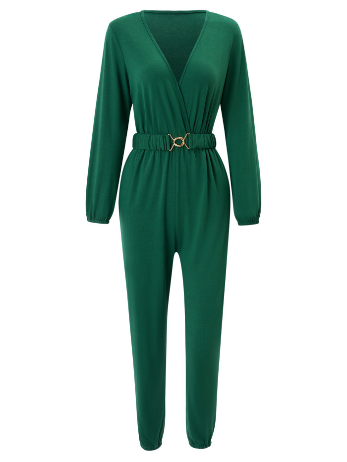 New Women's Casual V-neck Long Sleeve Belt Jumpsuit