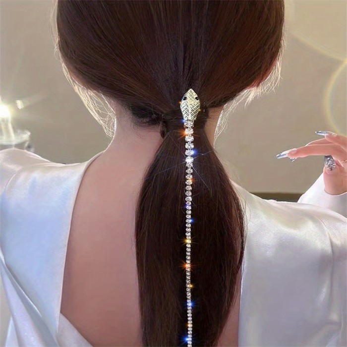 Sparkle Rhinestone Hair Chains Shiny Punk Snake Shape Tassel Hair Clips Long Decorative Ponytails Accessories Hairpins For Women Girls Hair Headwear