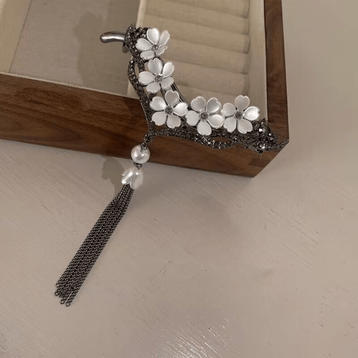 V-shaped Flower Hair Clip With Faux Pearl Tassel Rhinestone Back Head Clip For Thick Hair Daily Headwear Party Accessories