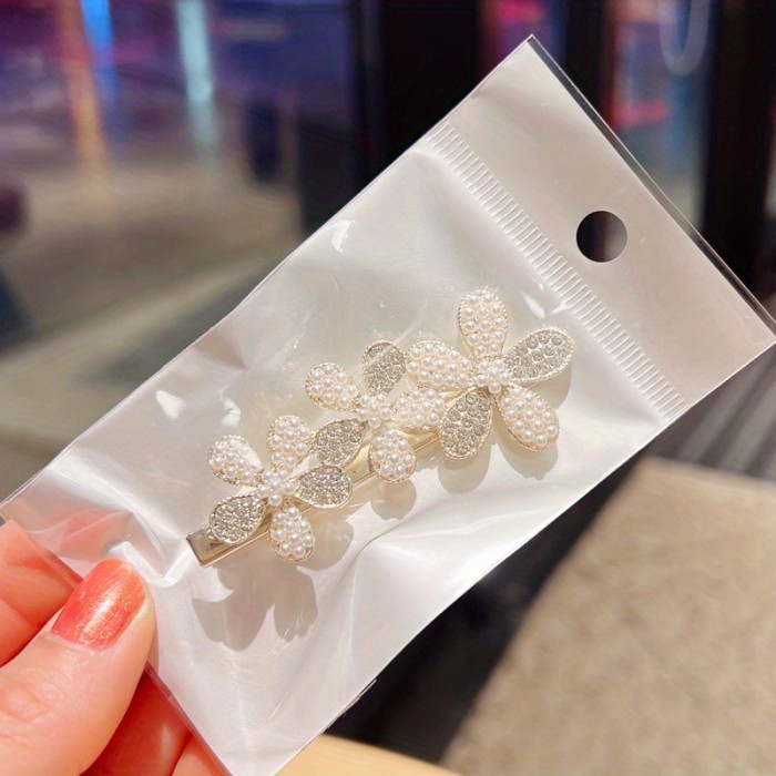 Sparkly Rhinestone Metal Hair Barrettes - Flower Hair Clips for Girls with Thin Hair - Crystal Hair Accessories for Ponytail Holders and Styling
