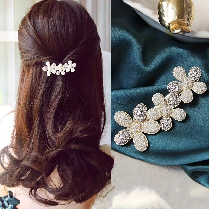 Sparkly Rhinestone Metal Hair Barrettes - Flower Hair Clips for Girls with Thin Hair - Crystal Hair Accessories for Ponytail Holders and Styling