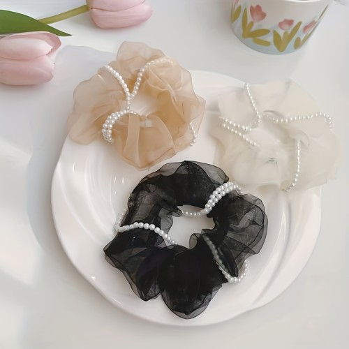 Organza Scrunchies Faux Pearl Chain Twisted Hair Rope Simple Style Hair Ring Elegant Ponytail Holder Hair Tie Women Girls Hair Accessories