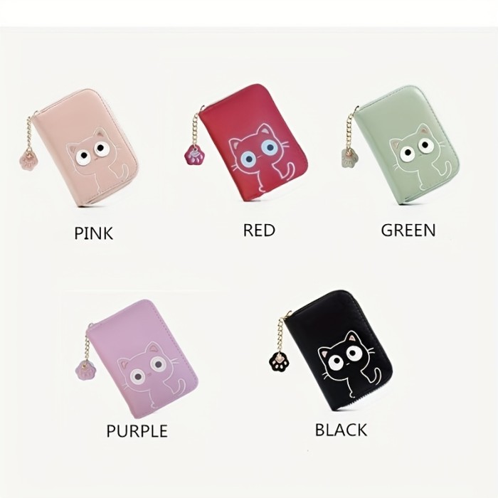 Kawaii Multi-card Slot Card Holder, Cute Cat Embroidered Coin Purse, Mini Zipper Short Wallet With Pendant (4.3*1.2*3)inch