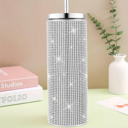 1pc Sparkly Stainless Steel Tumbler with Straw and Lid - Flat Bottom Cup for Women - Modern Rhinestone Decor - Reusable and Hand Wash Only - Perfect for Home and Gifts