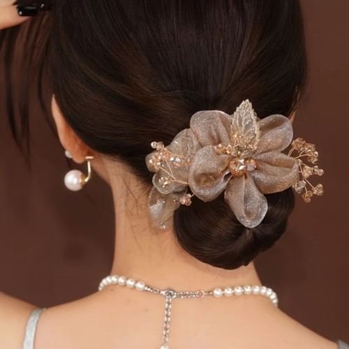 1pc Vintage Organza Scrunchies Faux Pearl Inlaid Flower Hair Ties Elegant Hair Tie Elastic Ponytail Holder Hair Accessories For Women Girls