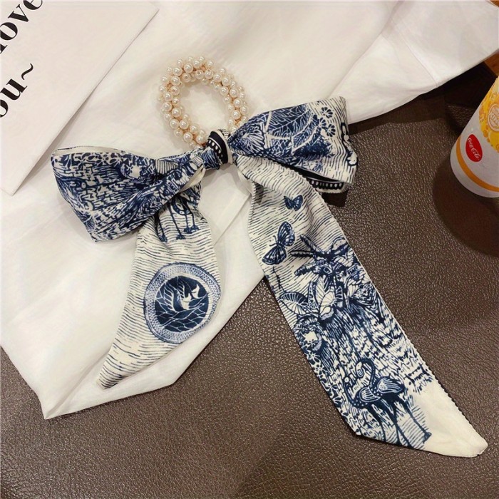 Long Ribbon Bow Knotted Hair Tie Faux Pearl Letter Print Hair Rope Elegant Ponytail Holder Women Girls Hair Accessories