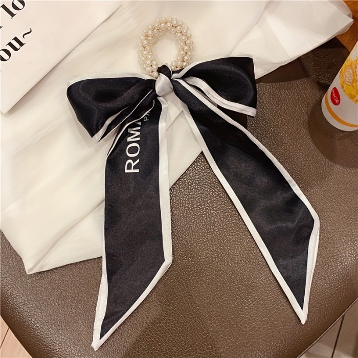 Long Ribbon Bow Knotted Hair Tie Faux Pearl Letter Print Hair Rope Elegant Ponytail Holder Women Girls Hair Accessories