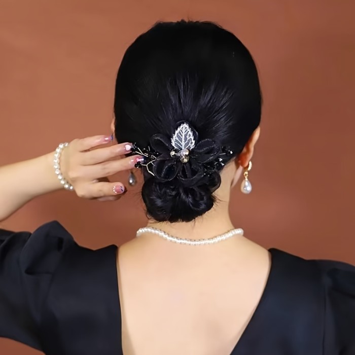 1pc Vintage Organza Scrunchies Faux Pearl Inlaid Flower Hair Ties Elegant Hair Tie Elastic Ponytail Holder Hair Accessories For Women Girls