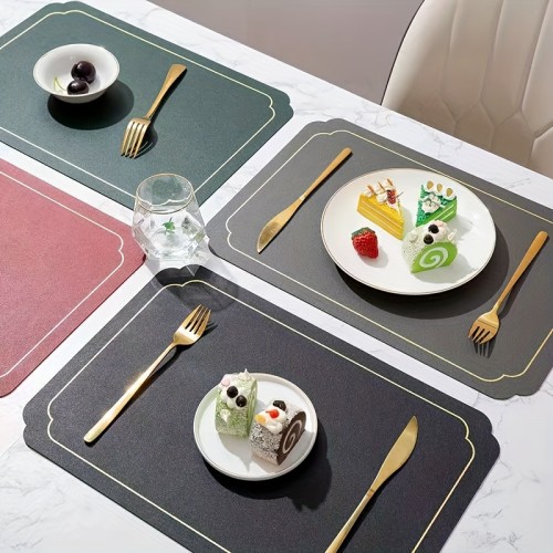 1pc Leather Placemat Lace Single Side Silk Print Rectangular Nordic Style Waterproof Non-slip Hotel Restaurant Dining Table Mat