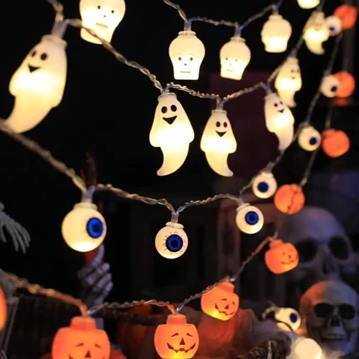 1pc 10LED Pumpkin Ghost Skull Head Light, Holiday Party Decorative Light, LED Halloween Ghost Festival Pumpkin Color Light String, Battery Powered (No Plug)