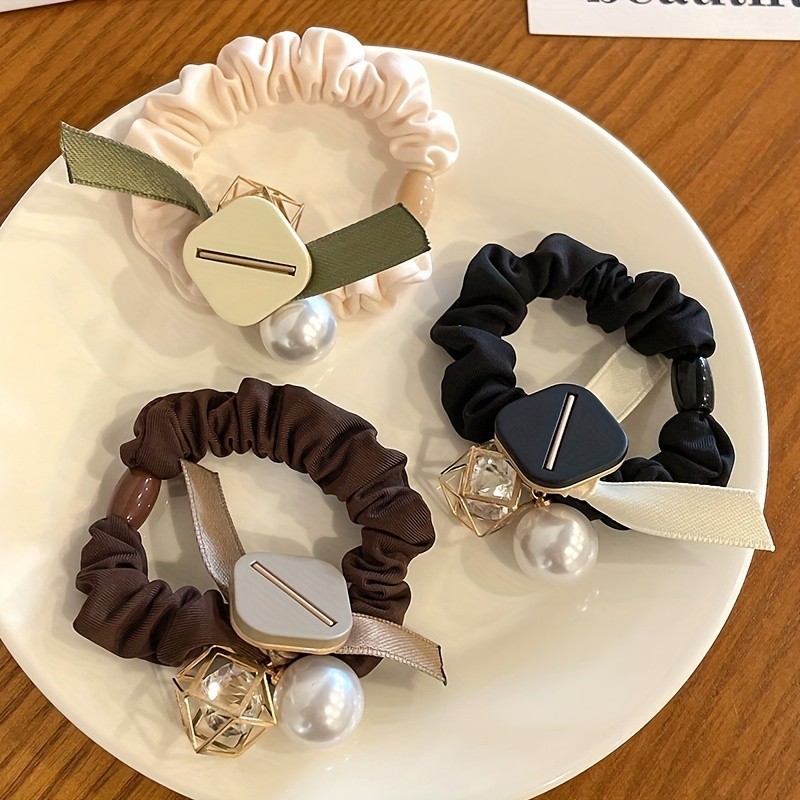 1pc Elegant Faux Pearl Scrunchies - Simple Style Hair Ties for Women and Girls - Elastic Ponytail Holders with Ribbon Bow Decor