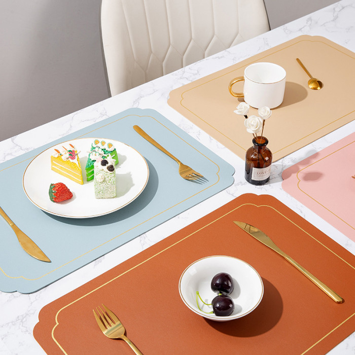 1pc Leather Placemat Lace Single Side Silk Print Rectangular Nordic Style Waterproof Non-slip Hotel Restaurant Dining Table Mat