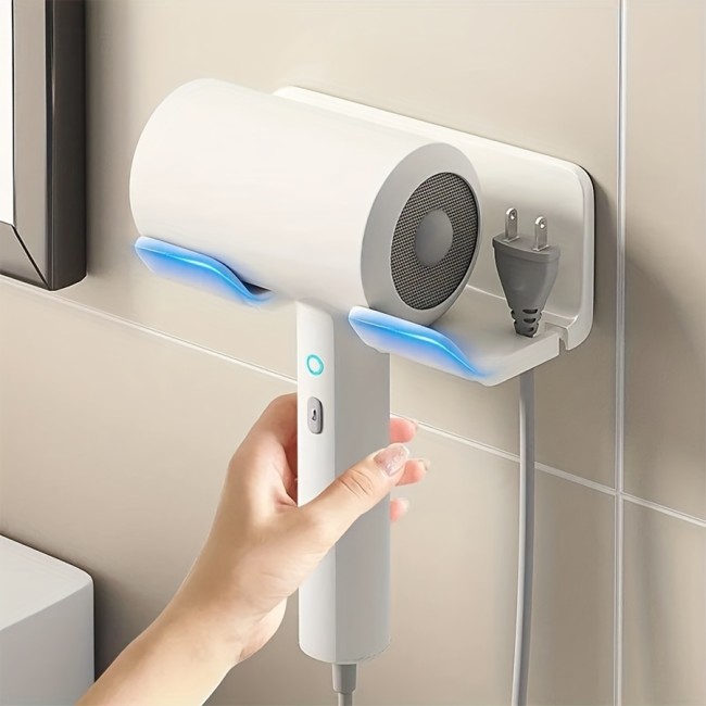 1pc Hair Dryer Holder Wall Mounted, Without Drilling Styling Tool Organizer With Plug Hook And Storage Box, Hair Tool Organizer