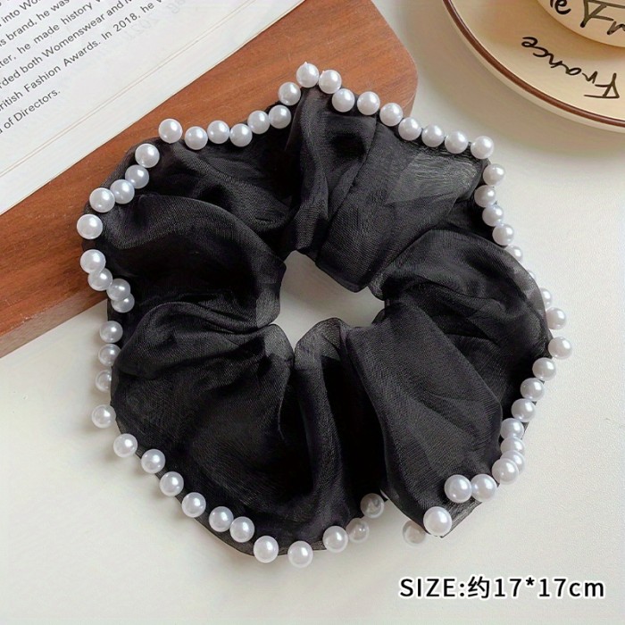 Organza Scrunchies Faux Pearl Brimmed Hair Tie Simple Style Hair Rope Elegant Hair Rope Ponytail Holder Hair Tie Women Girls Hair Accessories